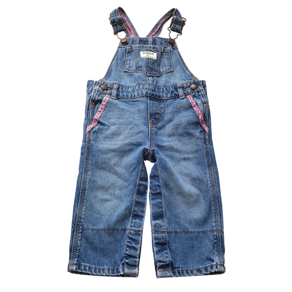OshKosh Bgosh Baby Girls Blue Denim Floral Trim Vestbak Overalls 12M Medium Wash